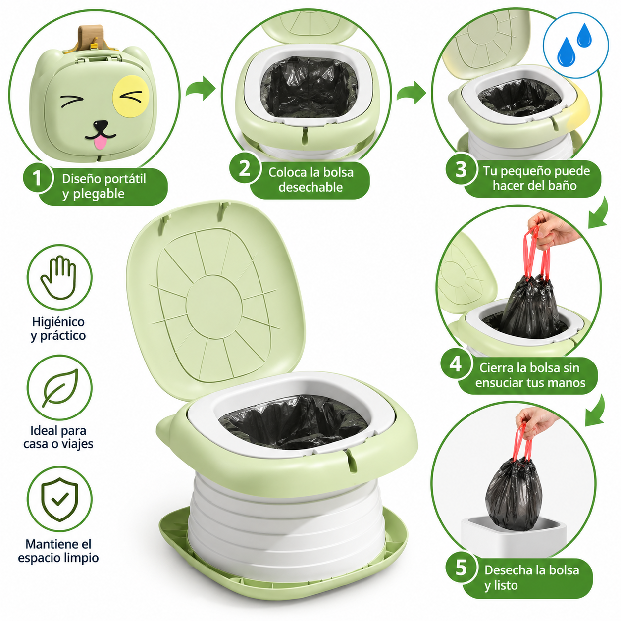 Bacinilla portátil plegable verde de diseño osito con bolsa desechable, ideal para viajes e higiene infantil, mostrando instrucciones paso a paso.