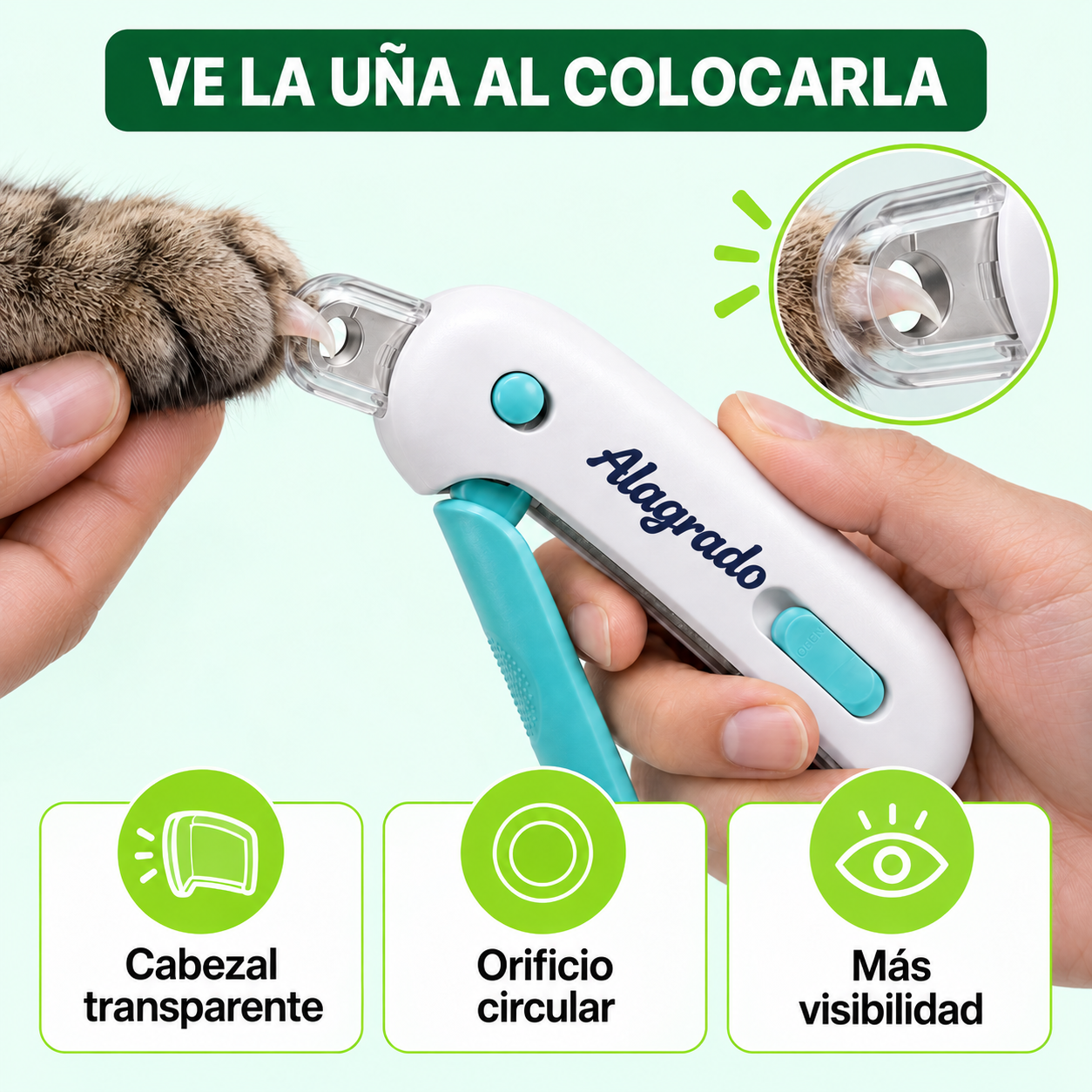 Cortaúñas para gatos blanco y turquesa con cabezal transparente y orificio circular, usado para cortar con precisión la uña de un felino.