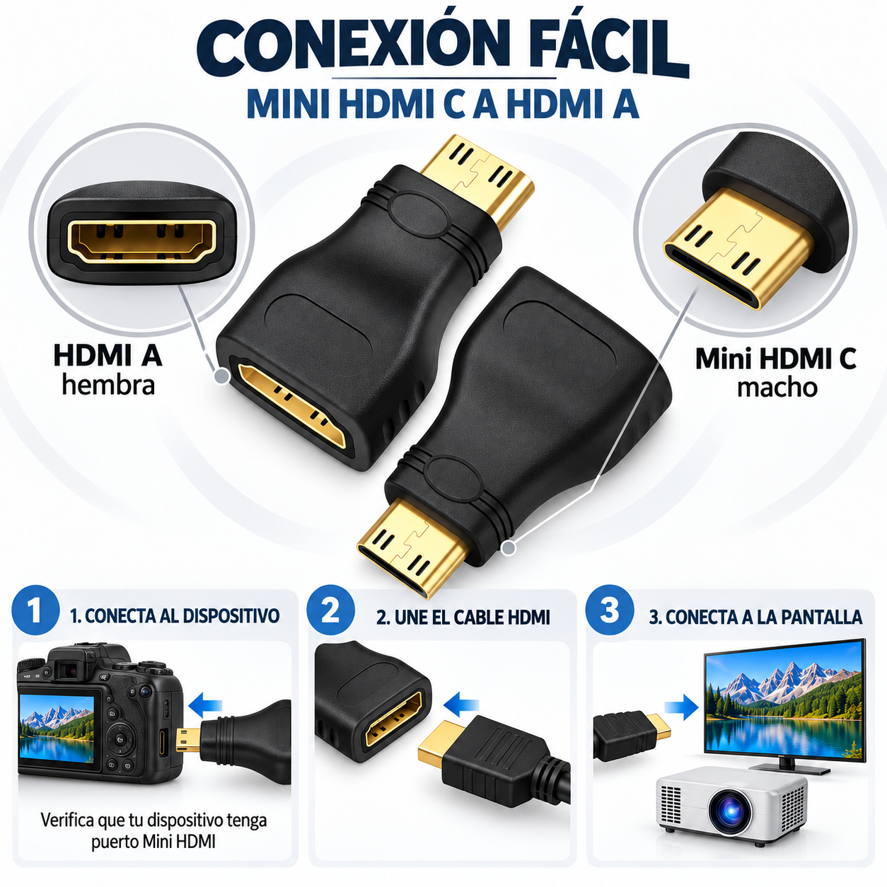 Set x4 Adaptador Convertidor HDMI a Mini HDMI para Cámaras y Tablets - Transmite video y audio de alta definición sin configuraciones adicionales - Imagen 2