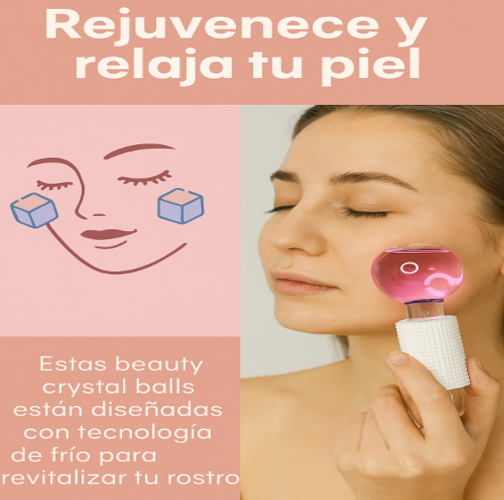 Esfera de masaje facial rosa translúcida con mango blanco aplicada en la mejilla de una mujer para revitalizar la piel y reducir la hinchazón.