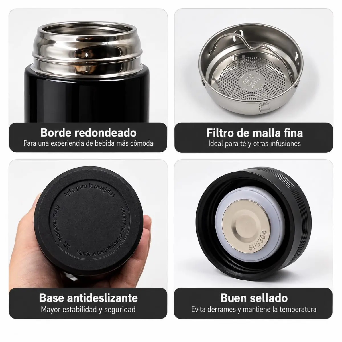 Detalles de termo negro de acero inoxidable: borde redondeado, filtro para infusiones, base antideslizante y tapa con sello hermético.