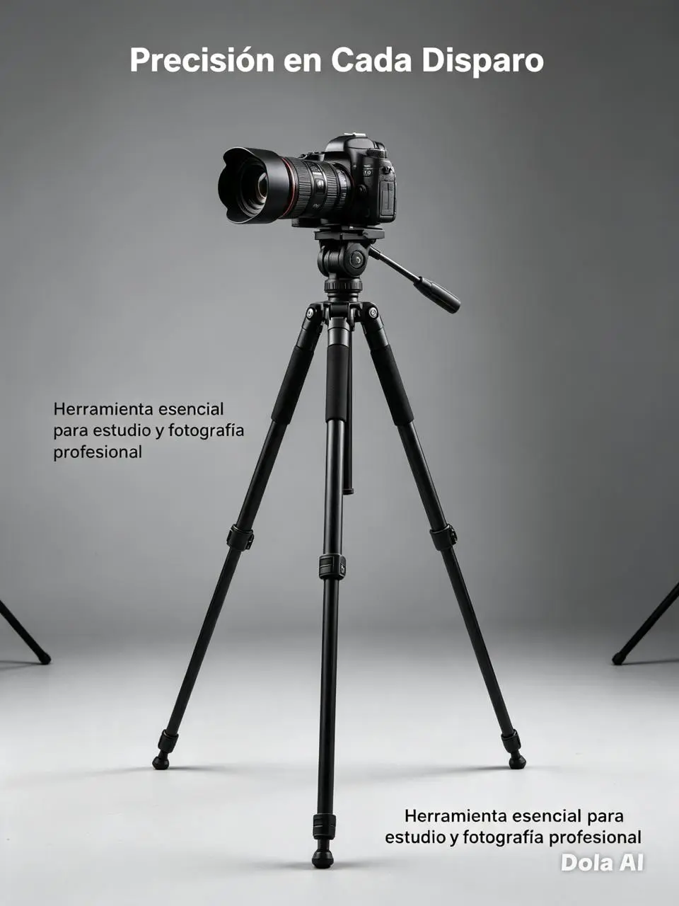 Trípode de aluminio negro con cámara profesional y lente montada, ideal para fotografía de estudio con máxima estabilidad y precisión.
