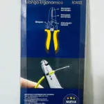 Empaque azul de pelacables Mercury de 7 pulgadas con mangos ergonómicos amarillos y negros, con diagrama de partes y uso con cable amarillo.