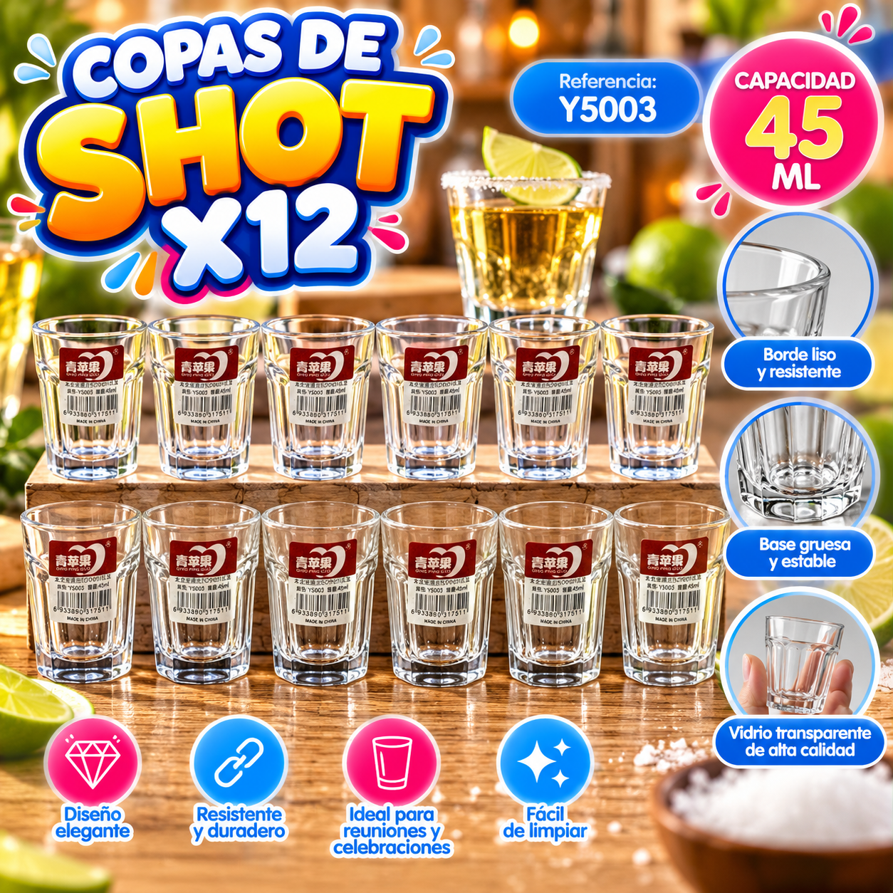 Set de shot de vidrio transparente x12 con base gruesa - Sirve porciones exactas en reuniones sociales - Imagen 3