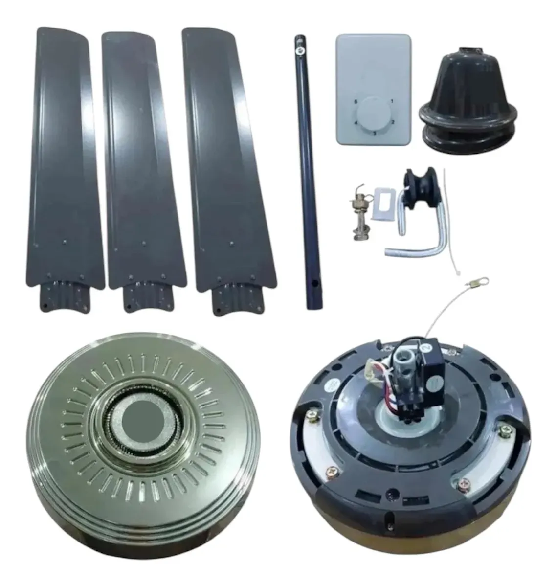 Kit de ventilador de techo con tres aspas oscuras, motor metálico y negro, tubo de extensión, base de montaje y herrajes para su instalación.