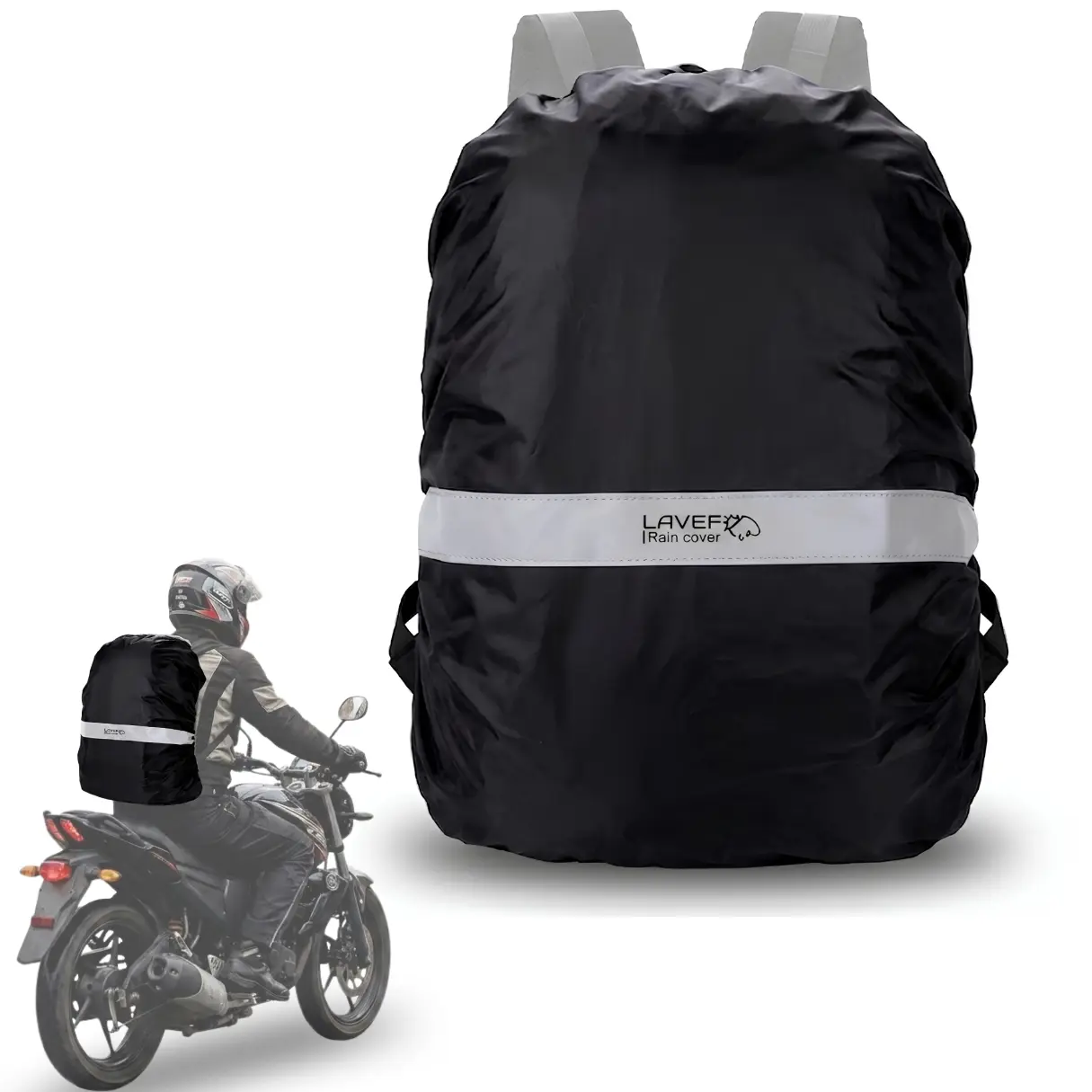 Forro impermeable negro para maletín con banda reflectiva plateada, mostrado en detalle y en uso sobre la mochila de un motociclista.