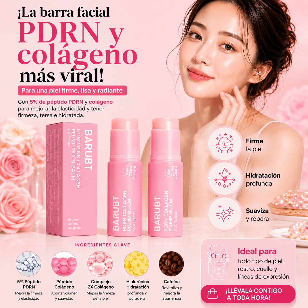Set x2 bálsamo facial rosa en barra con PDRN y colágeno, con caja rosada, sobre fondo pastel, para hidratar y reafirmar la piel.