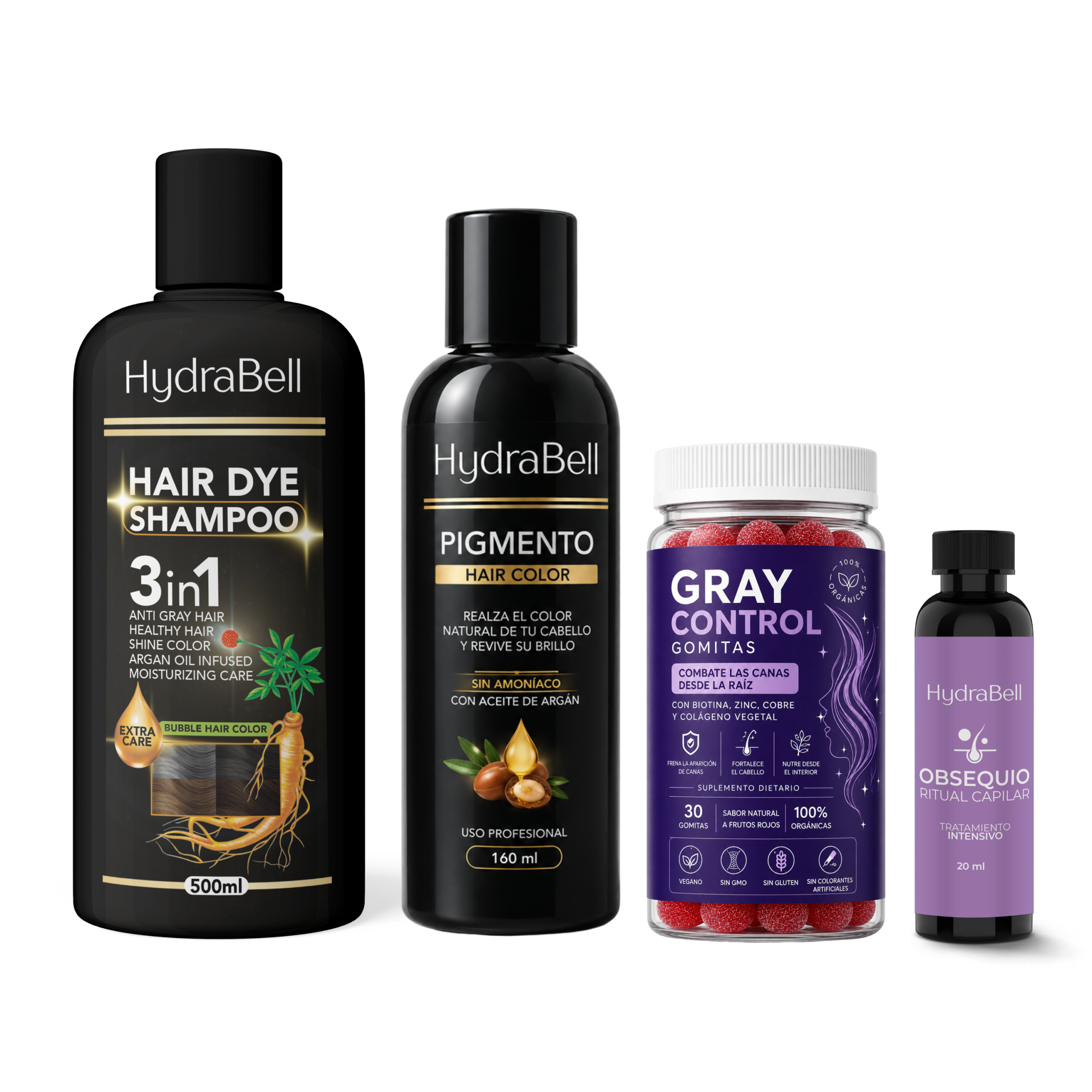 Kit capilar de cuatro productos negros y morados sobre fondo blanco: champú de 500ml, pigmento de 160ml, gomitas Gray Control y tónico capilar de 20ml.