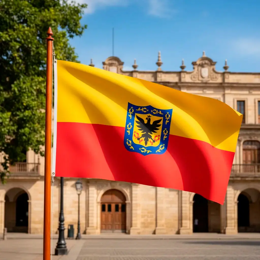 Bandera de Bogotá D.C de 1x1.5m en poliéster amarillo y rojo con escudo central, ondeando en asta de madera frente a edificio institucional colonial.