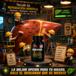 Frasco negro de suplemento hepático con chanca piedra y vitamina E rodeado de obreros animados reparando un gran hígado.
