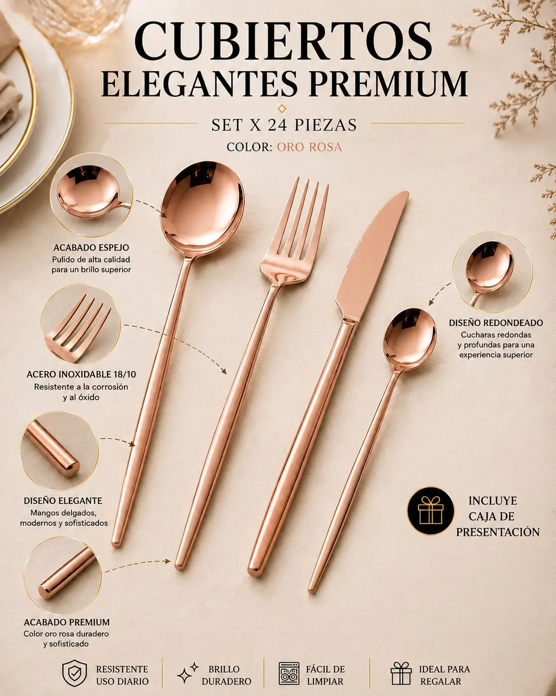 Set de 24 cubiertos en acero inoxidable color oro rosa con acabado espejo, incluye cuchara, tenedor, cuchillo y cucharita en caja de presentación.
