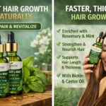 Aceite capilar de romero y menta en frascos verdes con gotero, rodeado de plantas naturales y junto a una mujer con cabello largo y brillante.