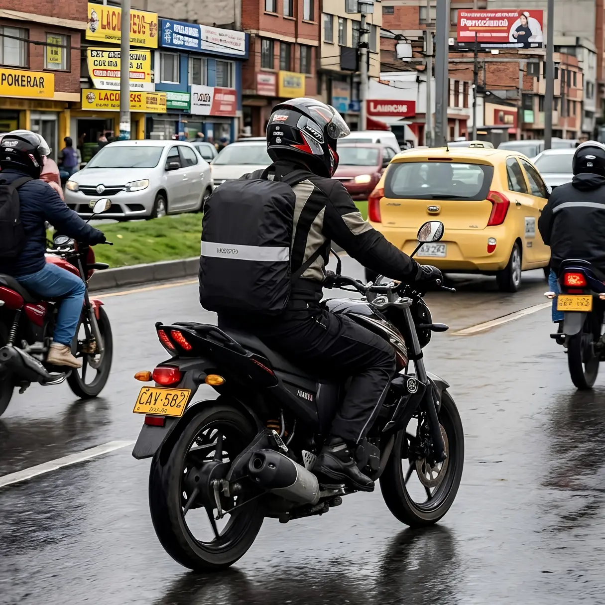 Forro impermeable negro para maletín con banda reflectiva usado por motociclista en vía mojada para protección y visibilidad.