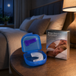 Boquilla bucal flexible transparente en estuche azul con herramienta morada y caja de Stop Snoring Solution sobre mesa de noche.