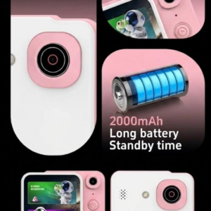 Cámara infantil digital rosa y blanca con pantalla táctil, doble lente, batería de 2000 mAh y menú de juegos educativos educativos.