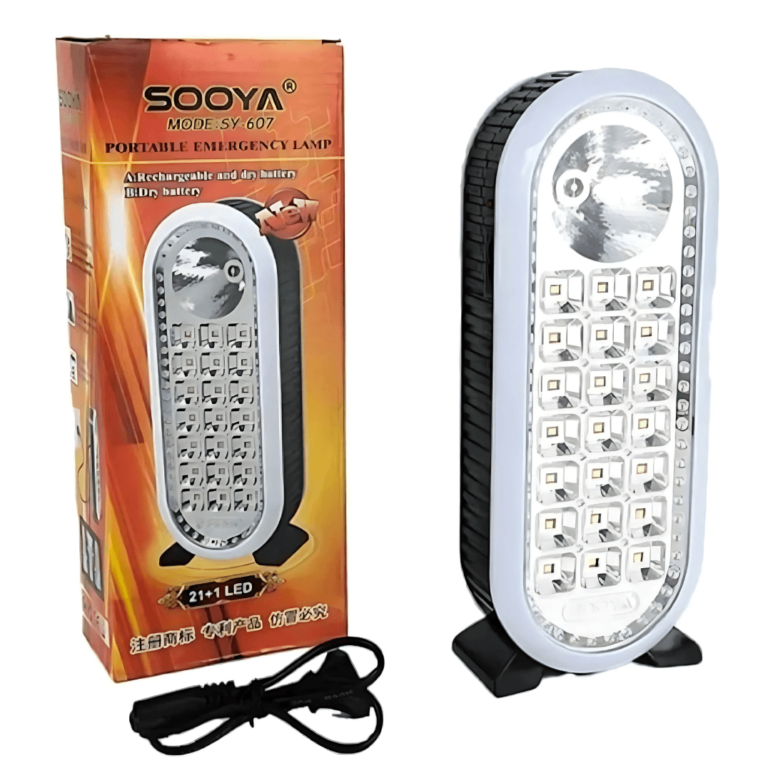 Lámpara de emergencia Sooya SY 607 blanca con 21+1 LEDs, base negra, caja naranja y cable de carga.
