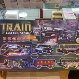 Caja de set de tren eléctrico de vapor de 6 piezas con locomotora negra y detalles rojos, incluyendo vagones de carga y pasajeros.