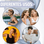 Collage de cuatro escenas de personas usando audífonos inalámbricos para hacer ejercicio, conversar, bailar y trabajar con un computador.