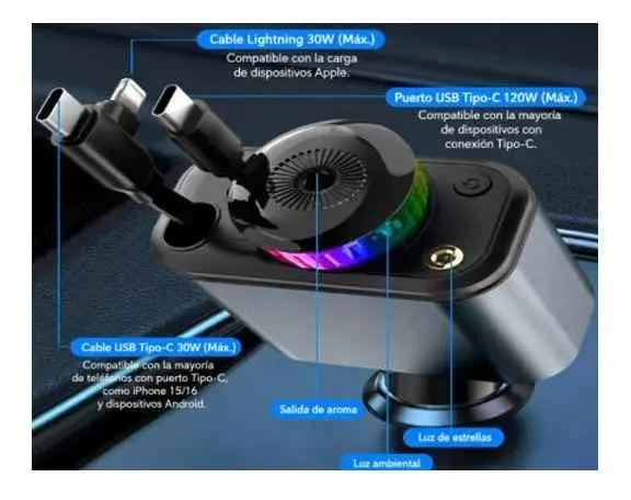 Cargador para auto con cables Lightning y USB-C integrados, puerto USB-C de 120W, difusor de aroma central y luz ambiental LED circular multicolor.