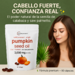 Empaque de 90 cápsulas de aceite de semilla de calabaza con saw palmetto, 3000 mg por porción, junto a una mujer de cabello castaño y una hoja de palma.
