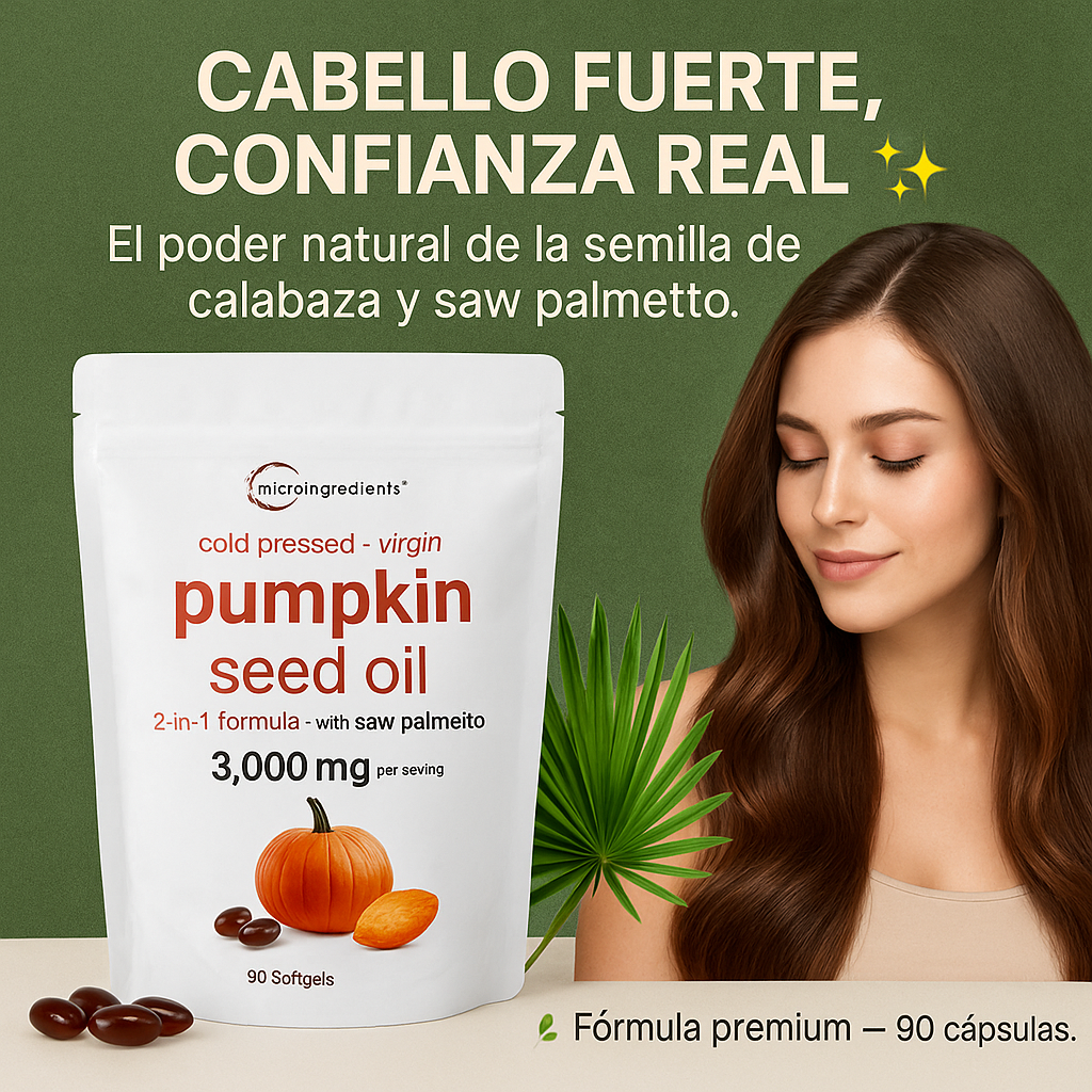 Empaque de 90 cápsulas de aceite de semilla de calabaza con saw palmetto, 3000 mg por porción, junto a una mujer de cabello castaño y una hoja de palma.