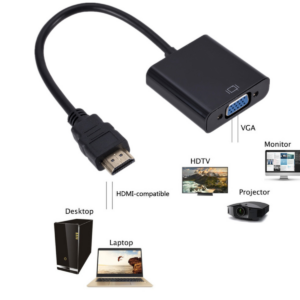 Adaptador convertidor HDMI a VGA negro con cable, para conectar laptops o computadores a monitores, proyectores y televisores.