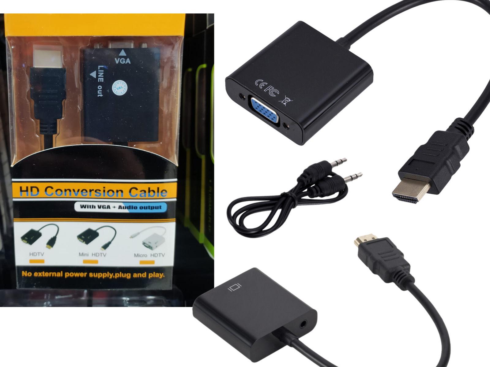 Cable adaptador convertidor negro de HDMI a VGA con salida de audio jack de 3.5 mm, empaque y accesorios incluidos.