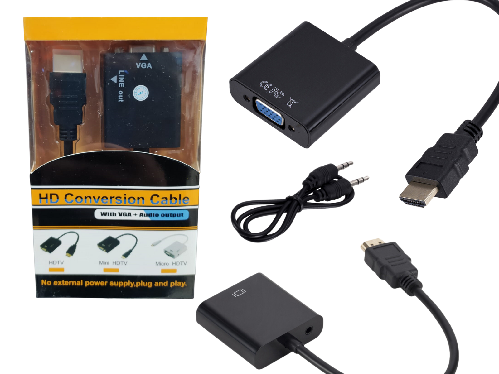 Caja de conversión HDMI a VGA negra con cable de audio auxiliar y conectores macho y hembra incluidos.