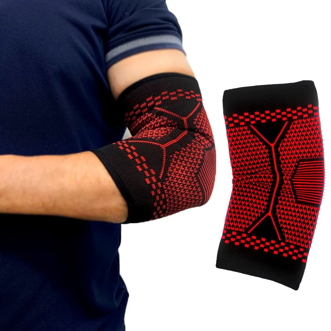 Codera elástica negra con patrón rojo para gimnasio, mostrada puesta en el codo y de forma aislada para apreciar su diseño y textura.