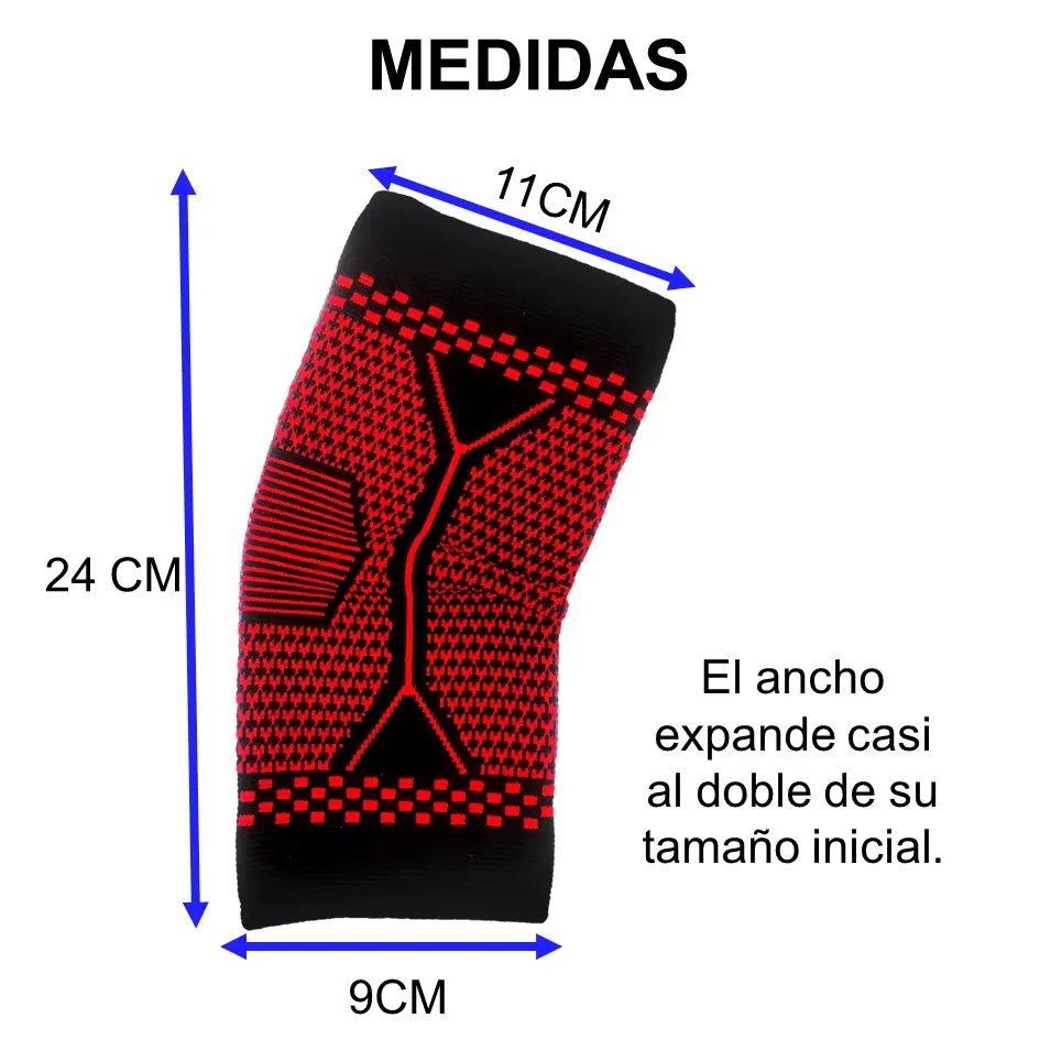 Rodillera elástica negra y roja de 24 cm de alto y 9 cm de ancho, con diseño anatómico texturizado y flexible para soporte deportivo.