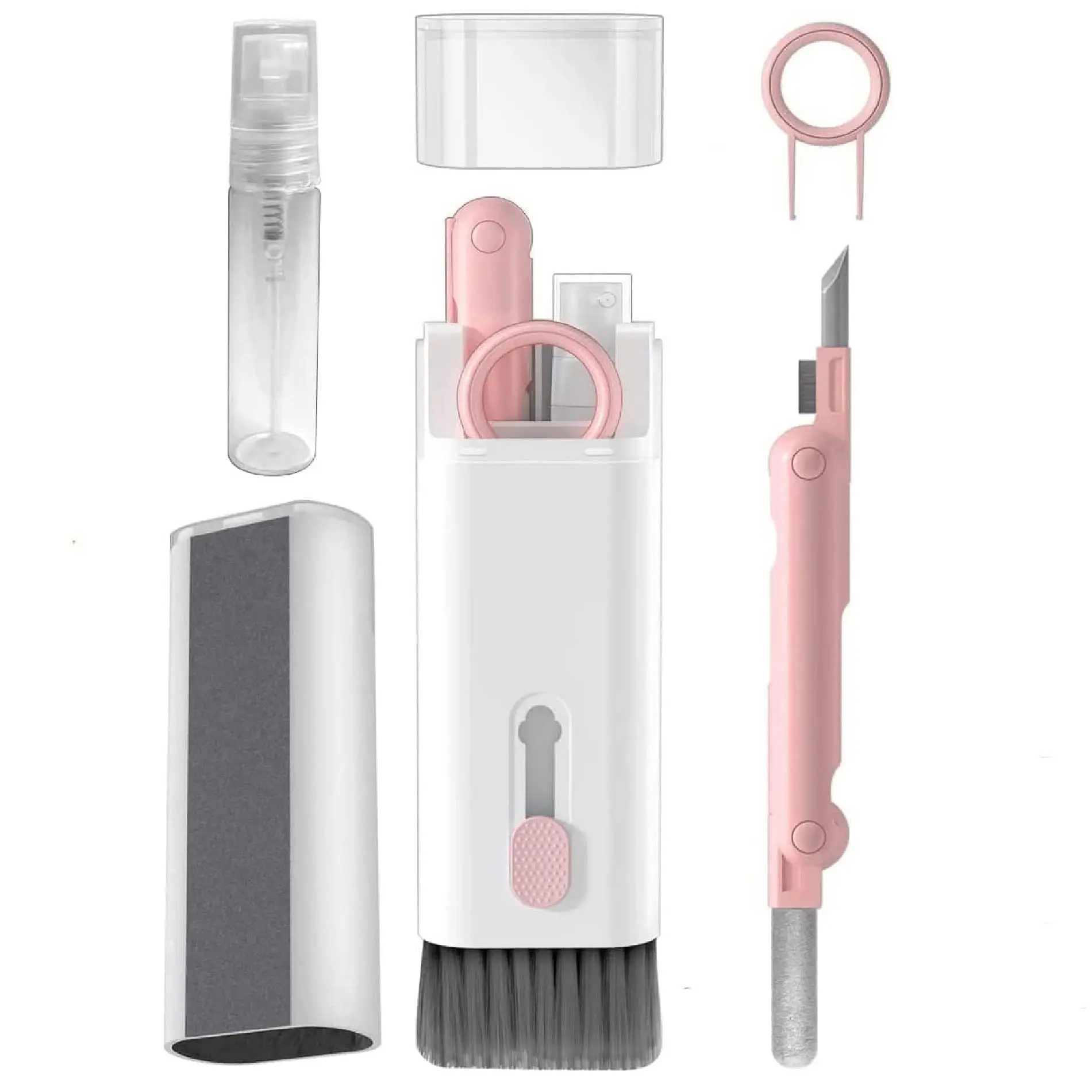 Kit limpiador 7 en 1 blanco con rosa para dispositivos, incluye estuche, cepillo retráctil, spray, pluma con punta de silicona y removedor de teclas.