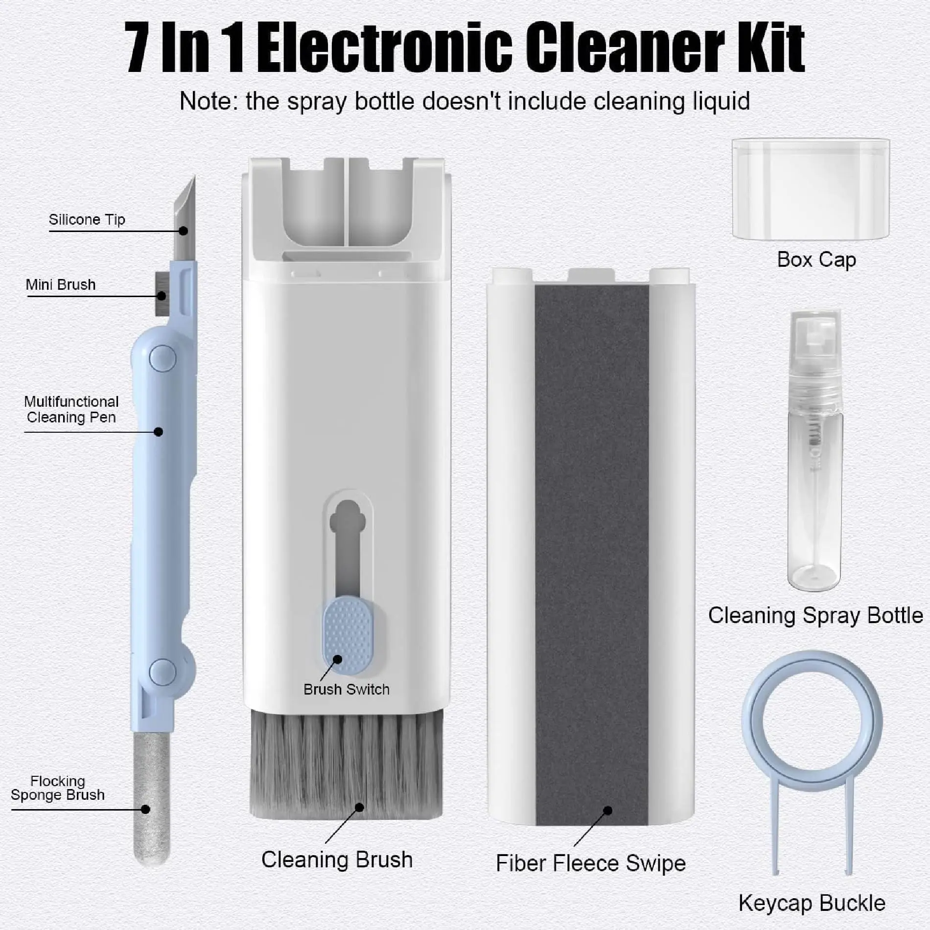 Kit limpiador 7 en 1 blanco y azul con estuche, cepillo retráctil, lápiz con punta de silicona, spray, paño de microfibra y extractor de teclas.