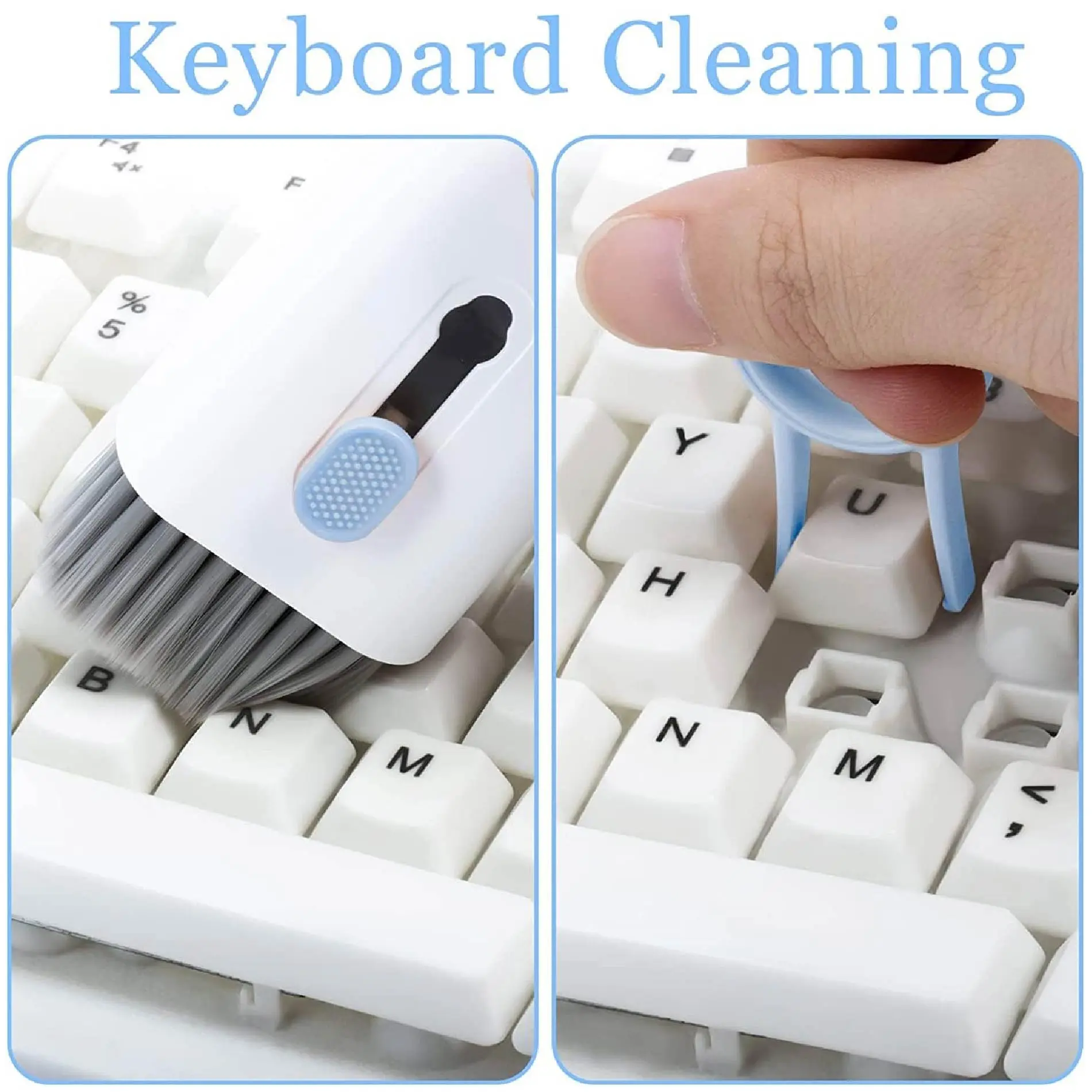 Cepillo limpiador de teclado blanco con cerdas grises y deslizador azul junto a mano usando un extractor para quitar una tecla.