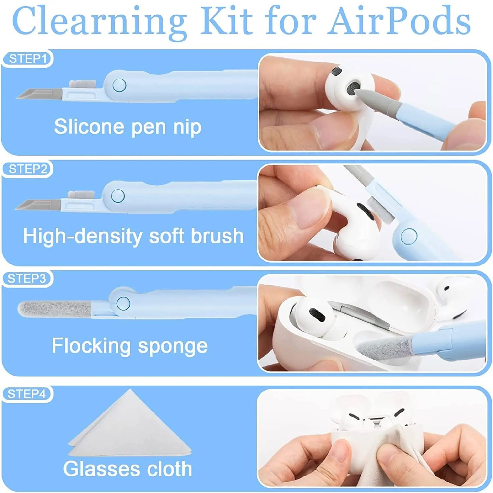 Kit de limpieza celeste para AirPods con punta de silicona, cepillo suave, esponja de felpa y paño de microfibra para mantenimiento electrónico.