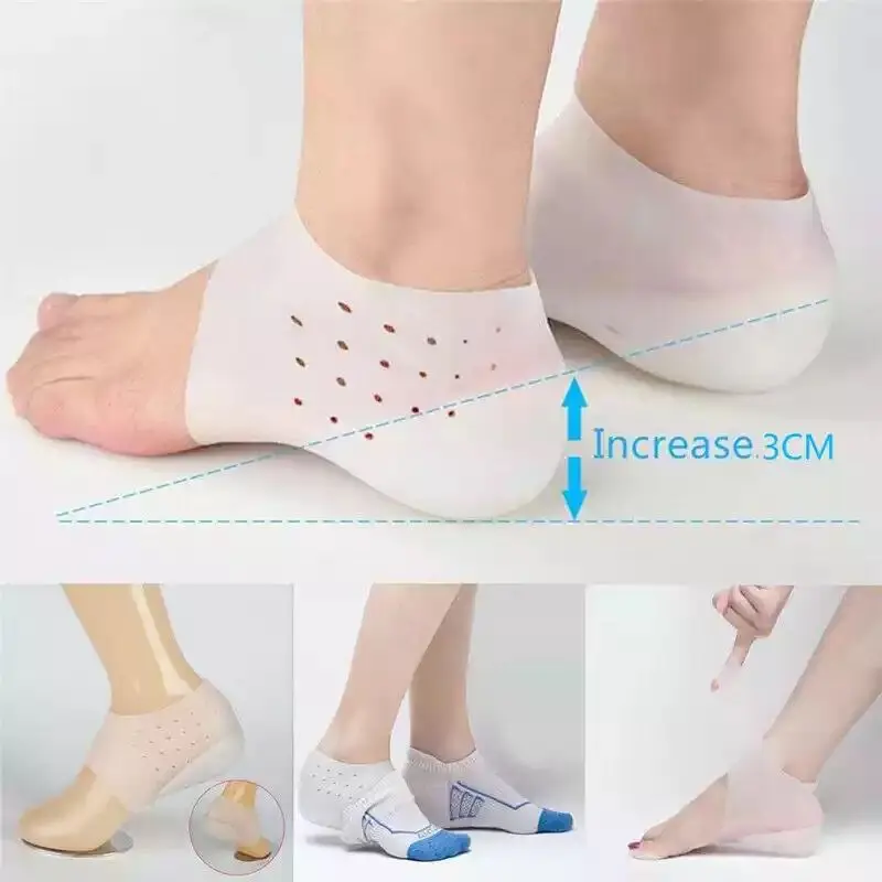 Taloneras de silicona translúcida con orificios de ventilación que aumentan 3 cm la estatura, mostradas en uso con pies y calzado.