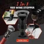 Tapón vertedor de vino negro 2 en 1 con embudo para servir y base con estrías para sellar, mostrado en uso vertiendo vino tinto.