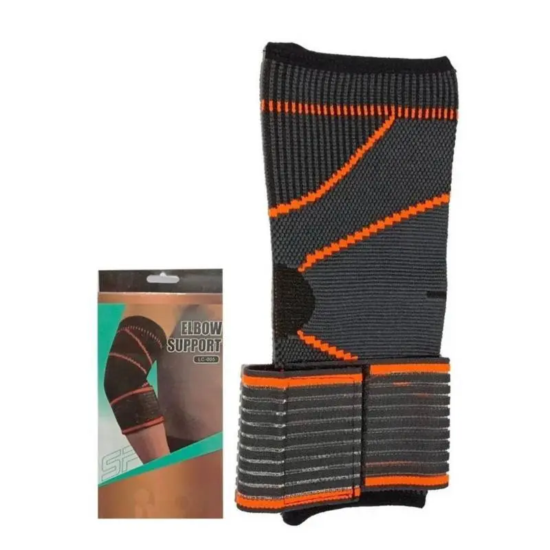 Coderas ortopédicas elásticas de compresión en gris con bandas naranjas, junto a su empaque con la marca Elbow Support.