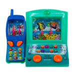 Set de 2 juegos de agua portátiles de plástico en colores azul y verde con diseño de teléfono, pantalla con paisaje marino, aros y botones naranjas.