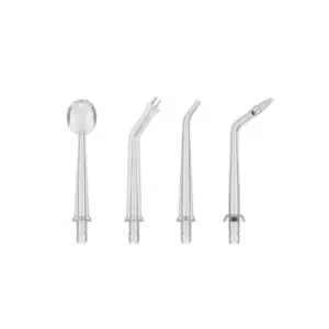 Cuatro boquillas de repuesto transparentes para irrigador oral, con diferentes formas de punta para limpieza dental profunda.
