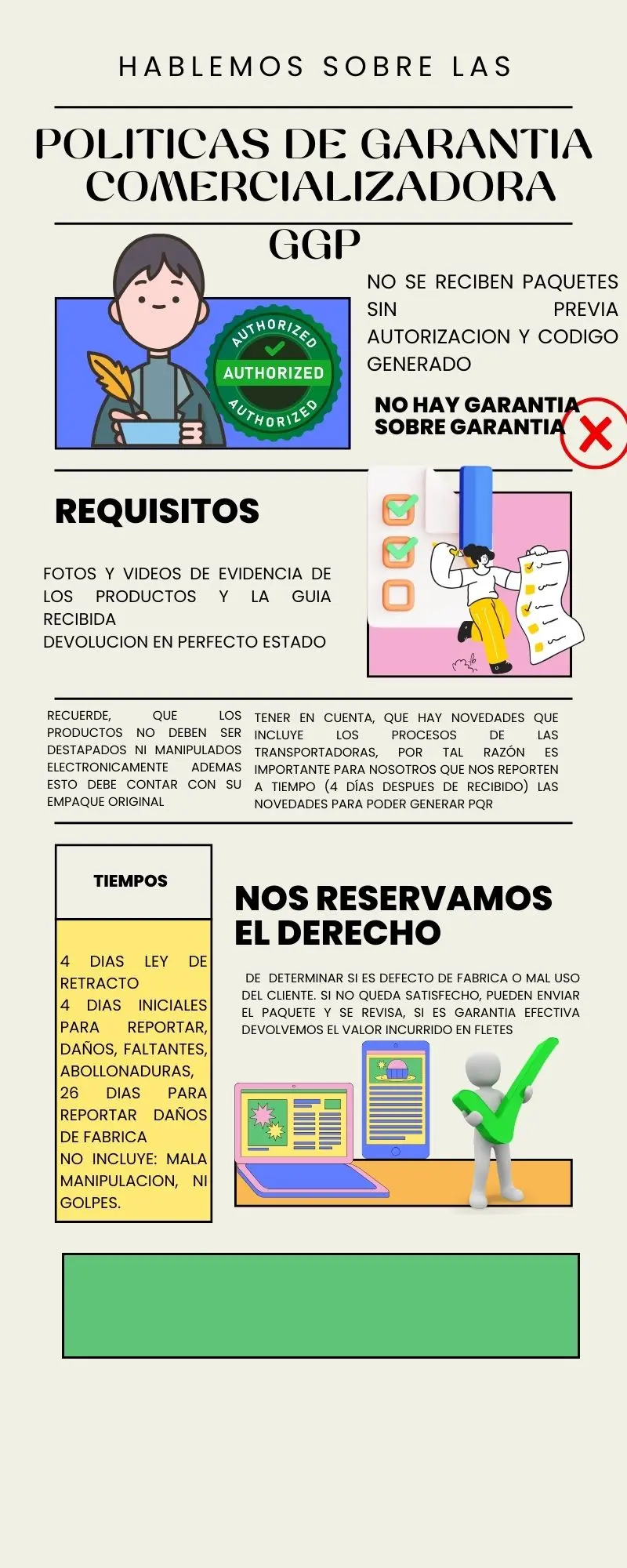 Políticas de garantía GGP en fondo crema, con requisitos de devolución, tiempos para reportar daños y condiciones de fabricación.
