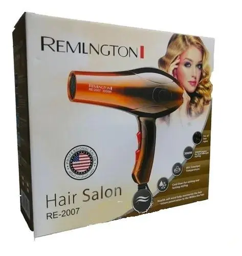 Caja de secador de cabello profesional Remington Hair Salon modelo RE-2007 con acabado en color cobre y negro.
