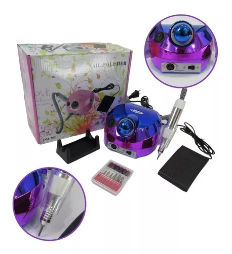 Kit de pulidor de uñas profesional DM202 tornasol morado y azul con caja, pedal negro, soporte, pieza de mano metálica y set de brocas abrasivas.