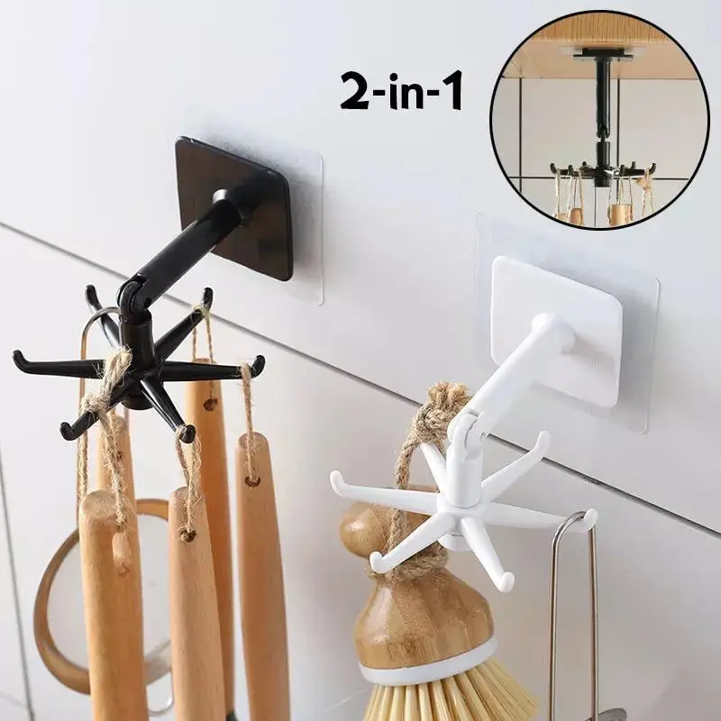 Ganchos giratorios adhesivos multiusos para cocina en color negro y blanco, instalados en pared o techo con utensilios colgando.