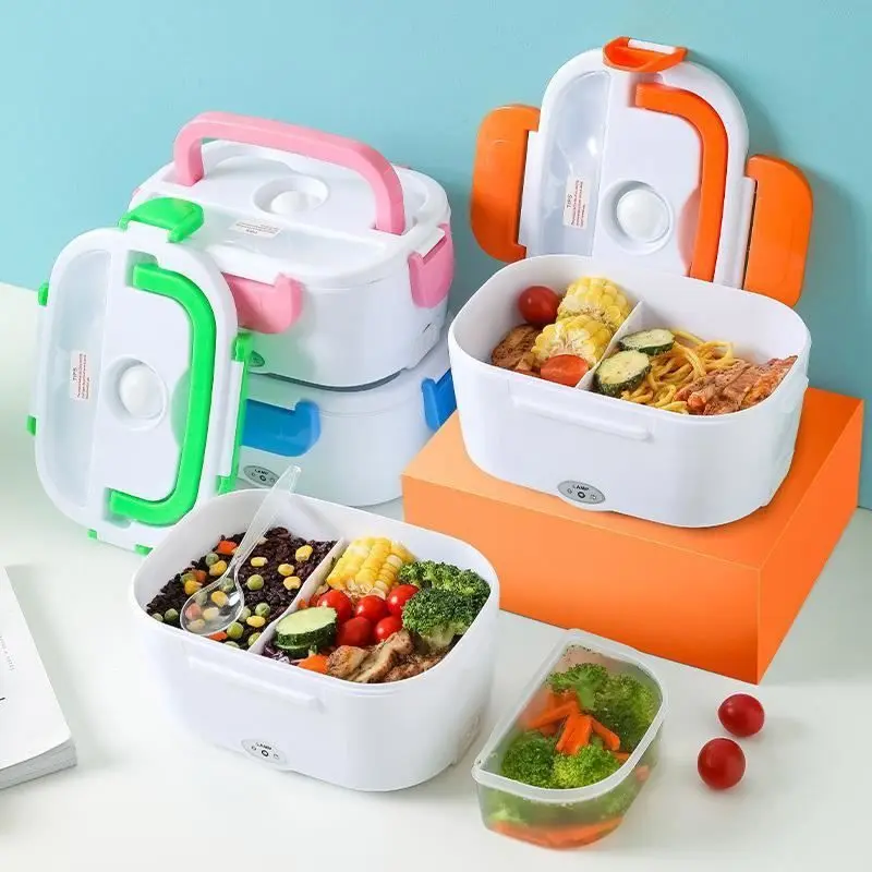 Loncheras eléctricas portátiles térmicas en colores verde, rosa y naranja, con compartimentos internos, recipientes extraíbles y alimentos preparados.