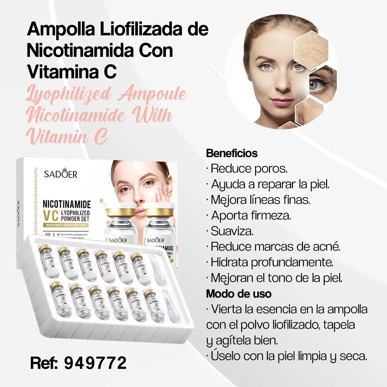Set de ampollas faciales liofilizadas con niacinamida y vitamina C, estuche blanco y dorado, indicado para reducir poros y unificar el tono de la piel.
