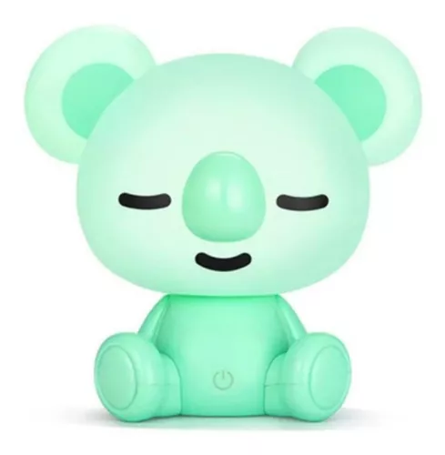 Lámpara LED infantil de koala color verde menta con ojos cerrados y botón de encendido en el abdomen, ideal para luz nocturna suave.