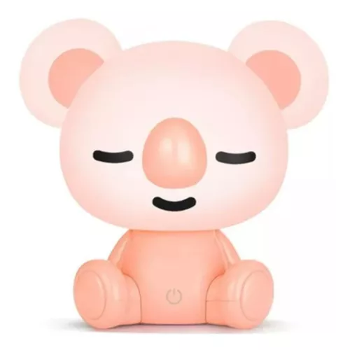 Lámpara LED táctil infantil en forma de koala rosa claro con orejas redondas, ojos cerrados y base con botón de encendido.