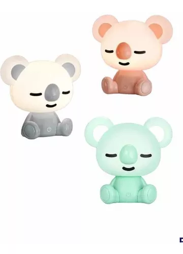 Tres lámparas LED táctiles de koala en colores gris, rosado y verde pastel, diseño infantil sentado para iluminación nocturna.