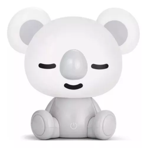 Lámpara LED táctil infantil en forma de koala blanco con ojos cerrados, nariz gris brillante, cuerpo sentado y botón de encendido frontal.