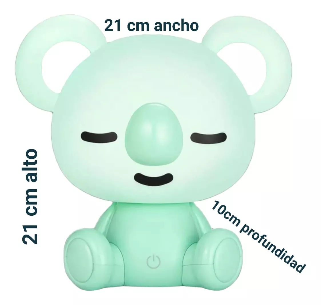 Lámpara LED táctil infantil en forma de koala color verde menta, con botón de encendido frontal. Dimensiones: 21 cm de ancho, 21 cm de alto y 10 cm de profundidad.